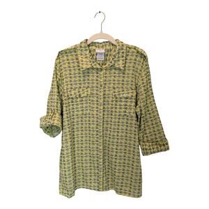 Jaclyn Smith Women's Sz XL Yellow Elephant Print Cotton Button Up Shirt Roll Tab